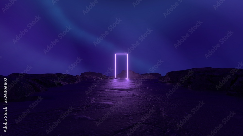 Mysterious cosmic landscape with rocks and neon purple square frame. Abstract sci fi geometric background. Futuristic concept. Virtual reality. Showcase scene for product presentation. 3d render Mysterious cosmic landscape with rocks and neon purple square frame. Abstract sci fi geometric background. Futuristic concept. Virtual reality. Showcase scene for product presentation. 3d render