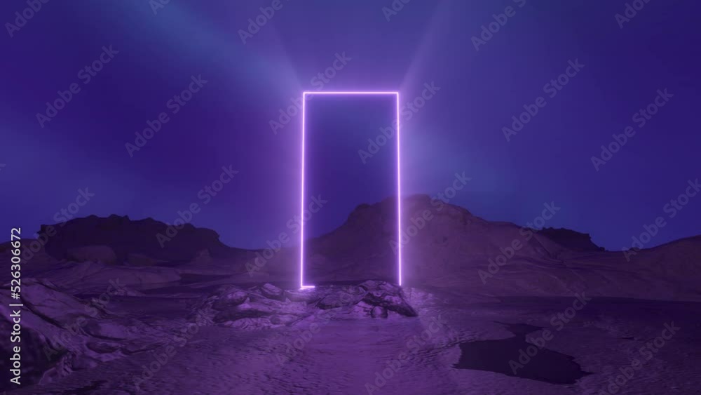 4K Mysterious cosmic landscape with neon purple square frame. Passage to another dimension. Abstract sci fi geometric background. Futuristic concept. Moving forward. Seamless loop 3d animation render