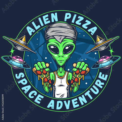 Alien pizza poster colorful vintage