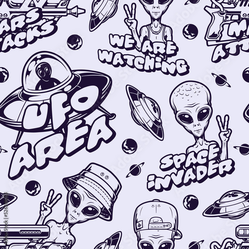 Aliens monochrome pattern seamless vintage