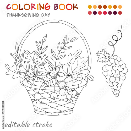 Thanksgiving Day. Wicker basket with autumn leaves and grapes. Coloring template for children and adults.