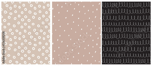 Abstract Hand Drawn Childish Style Seamless Vector Patterns. White Lines with Loops, Circles and Dots on Beige and Black Backgrounds. Modern Geometric Doodle Pattern. Irregular Freehand Print.