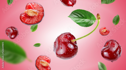 red cherry with water drops flying in the air stream on pink background