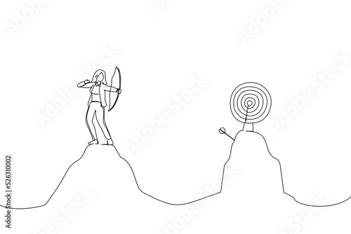 Drawing of overconfidence businesswoman archery terribly missed target. Metaphor for terrible missed target, failure or mistake. Single line art style