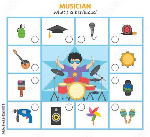 Game for kids. musician. What's superfluous?  Preschool worksheet activity. Children funny riddle entertainment for the development of logical thinking