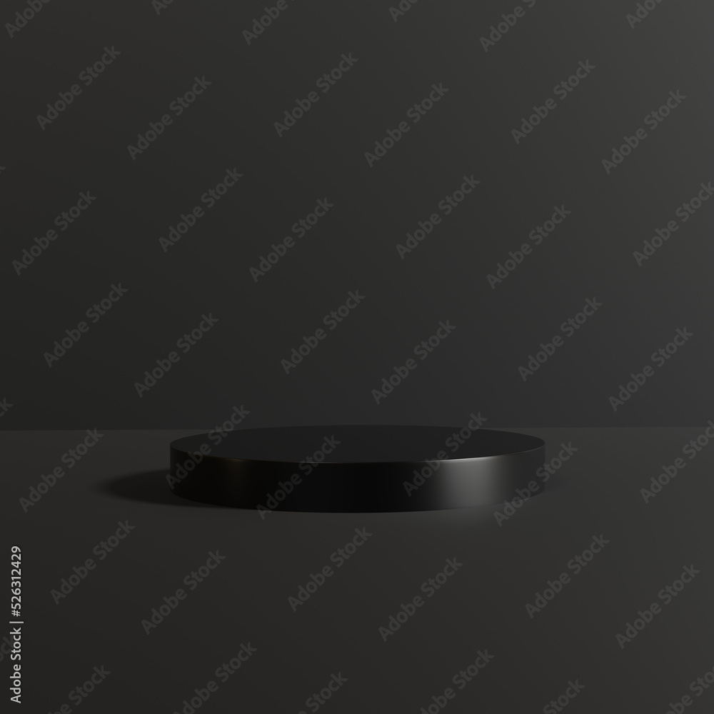 3D render of Cylinder podium with Black color on dark background.platform for product presentation minimal style. empty dark. Black pedestal for product showcase.