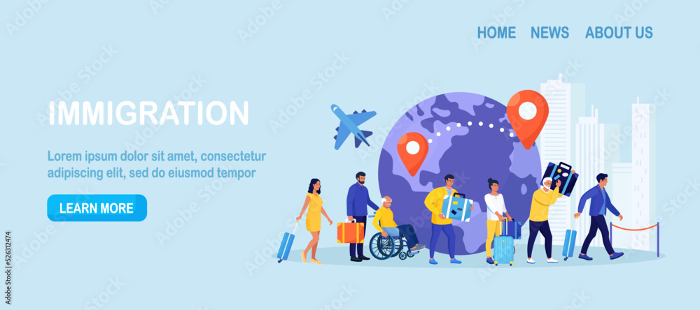 Immigration, emigration, people resettlement. Immigrants standing in ...