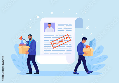 Dismissal, employee replacement. Unhappy man dismissed from job, leave office with stuff in box. CV resume, personal data. Unemployment dismissal of workers. Layoff, crisis, employee job reduction