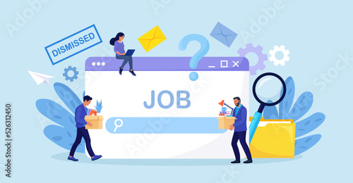 Fired employee looking for new job. Job search, find opportunity, seek for vacancy. Recruitment. Financial crisis and unemployment. Staff reduction. Unhappy man dismissed from job with stuff in box
