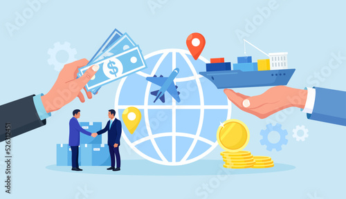 Import and export shipping of shipment with sea or air transport. International logistics, cargo delivery. Global trade. Ocean Freight. Businessman sale goods and services worldwide. World partnership