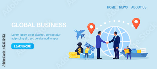 International deal, global business. Diversity, globalization and collaboration. International business relationships, commercial cargo transportation by ships or airplane. Men sell goods around world