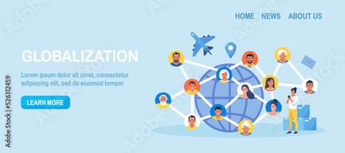 Globalization. People communicate at distance in cyberspace. Online friendship. Global communication worldwide. International business deal. Multicultural woman man from different countries together