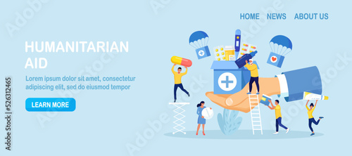 Humanitarian Aid. Voluntary Social Assistance and Support. Volunteers Collecting Food, Medicine for Refugees. People Donating Medications First Aid. Charity, Medicines Donation for Needy Poor People.