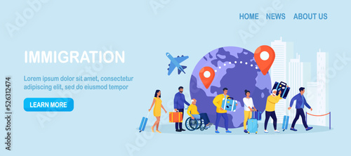 Immigration, emigration, people resettlement. Immigrants standing in queue, waiting departure in airport. Foreign citizen moving to developed countries. Population mobility, human migration