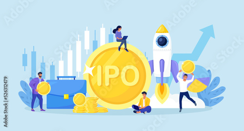 IPO Initial Public Offering. Businessman investor invest in stock market shares. Company growth. Passive income. Investment. Traders standing with huge candlestick chart, arrow graph and gold coin