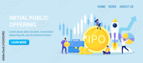 IPO Initial Public Offering. Businessman investor invest in stock market shares. Company growth. Passive income. Investment. Traders standing with huge candlestick chart, arrow graph and gold coin