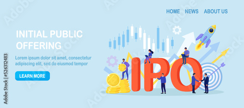 IPO Initial Public Offering. Company go public in stock market. Investment opportunity, profit from new stock. Businessman trader trading, invests in market stock share. Business growth Passive income