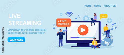 Live streaming, broadcast vlog. Video streaming podcast. Tiny people watch live stream in social networks and sharing online video. Business working process. Vector illustration