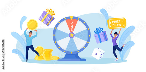 Casino and gambling. People playing fortune wheel. Winners with gift boxes, dice and giant raffle drum. Players spinning lucky wheel, hit jackpot and receive money. Woman celebrate lottery winning