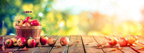 Apples In Wooden Basket On Table At Sunset - Autumn And Harvest Concept
