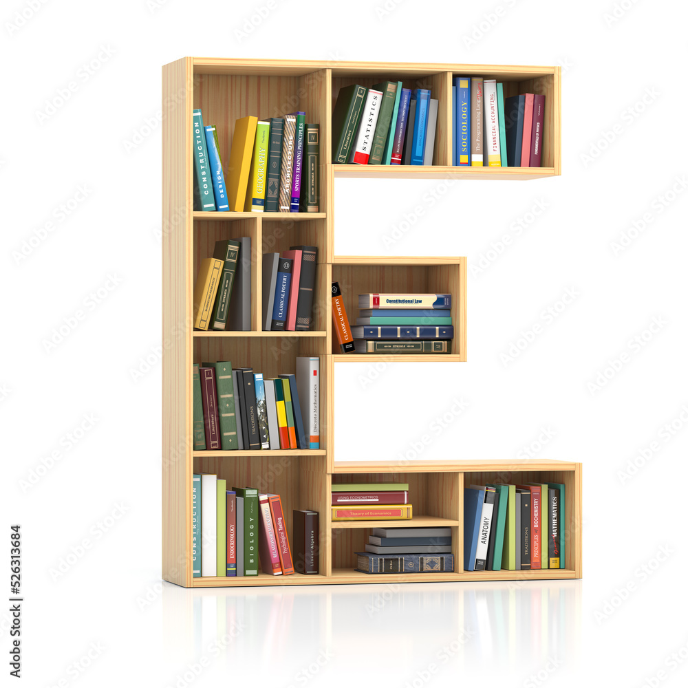Letter E in form of bookshelf with book and texbooks. Educational and learning conceptual font and alphabet. Letter E in form of bookshelf with book and texbooks. Educational and learning conceptual font and alphabet.