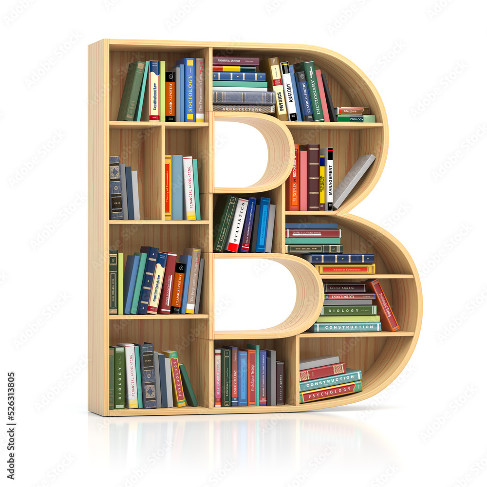 Letter B in form of bookshelf with book and texbooks. Educational and learning conceptual font and alphabet. Letter B in form of bookshelf with book and texbooks. Educational and learning conceptual font and alphabet.