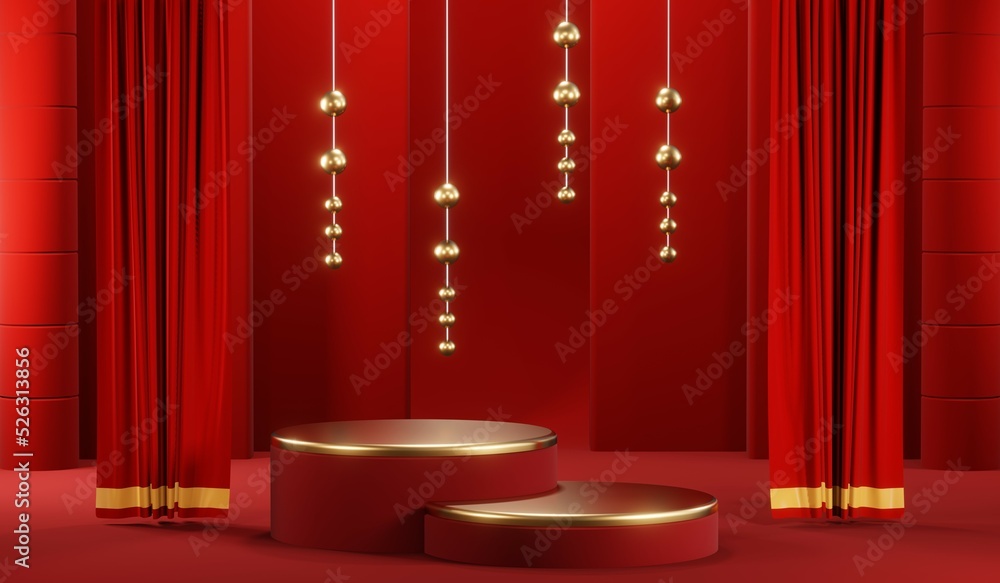3D rendering of blank product background for cream cosmetics Modern red podium background