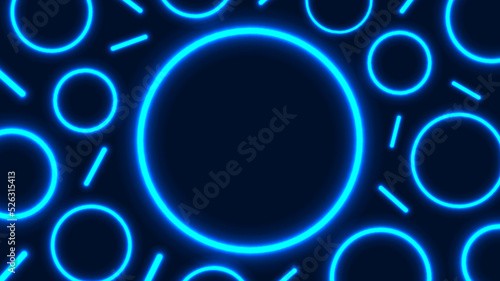Abstract glowing blue neon lighting effect circles geometric frames pattern on dark background technology concept