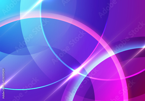 Abstract neon color circles overlapping layered with lighting effect on blue background technology concept