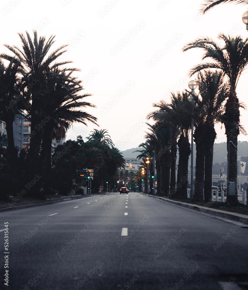 symmetrical street at night in nice, France symmetrical street at night in nice, France