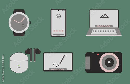 set of electronic devices vector, watch, phone, tablet, laptop, earphones and digital camera