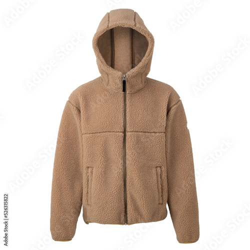 Beige fleece jackets with a zipper. Unisex style isolated on white background. Fashionable beige wool hoodie coat. 