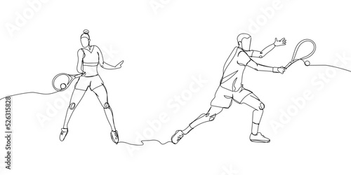 Tennis players with racket  racquet one line art. Continuous line drawing hit the ball  competition  sport  woman  male  athlete  leisure  hobby  championship  tournament.