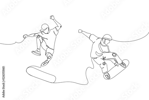 Two boys doing a trick with skatebboard set one line art. Continuous line drawing sports, training, sport, leisure, teenager, street culture, subculture, urban, extreme, youth man, stadium.