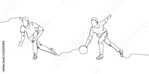Bowling players set one line art. Continuous line drawing game, leisure, activity, strike, skittles, throwing a ball, entertainment, team sport.