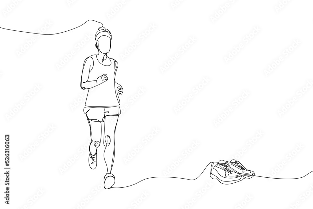 Vecteur Stock Girl jogging with running shoes, sneakers one line art