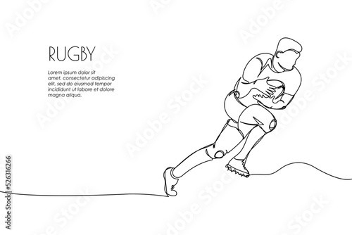 Web banner rugby player with ball, forward one line art. Continuous line drawing of promotion poster american football, game, sport, soccer ball, activity, training, running, competition, cleats.