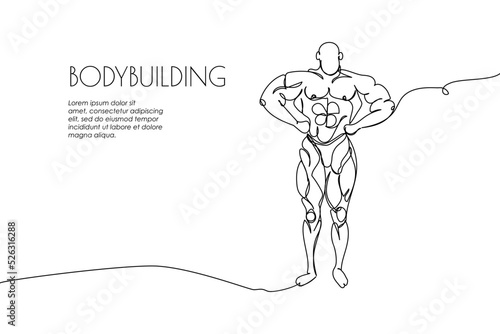 Web banner with bodybuilder one line art. Continuous line drawing of promotion poster sport, fitness, man, musculature, strength, gym, physical education, athlete torso, weightlifting, muscles