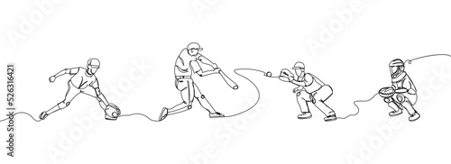 Baseball players in uniform set one line art. Continuous line drawing sport, team game, catch ball, baseball glove, protective, batter, pitcher, catcher, baseball uniform, man, leisure, hobby.