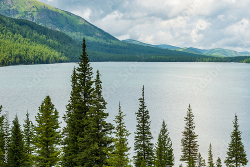 Mountain landscape with beautiful view of the lake and coniferous tree tops