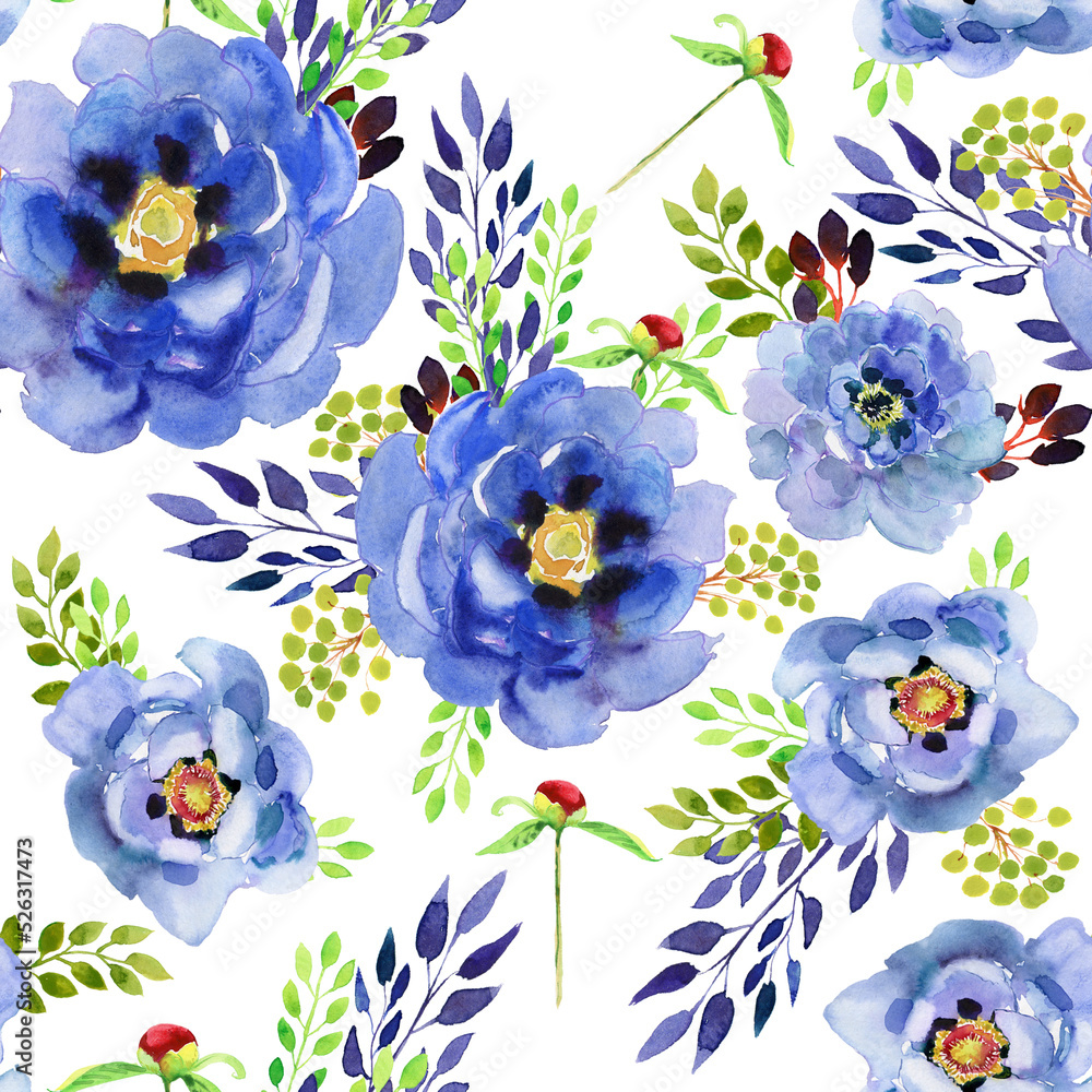 Blue flowers and leaves. Seamless watercolor background. 