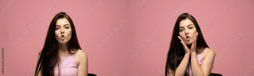 Set of two emotional photographs of a young woman with a happy and angry, sad emotions. Beautiful brunette in a pink t-shirt on a pink background. Collage. Set of two emotional photographs of a young woman with a happy and angry, sad emotions. Beautiful brunette in a pink t-shirt on a pink background. Collage.