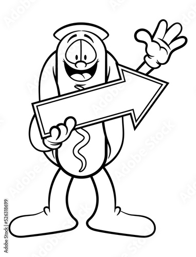 Cartoon illustration of Hot dog mascot wearing hat and holding a signboard to directing the customer, best for sticker, mascot, and coloring book with fast food restaurant themes for kids