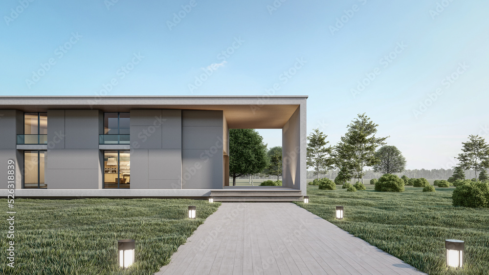 3d rendering illustration of modern minimal house with the garden and walkway