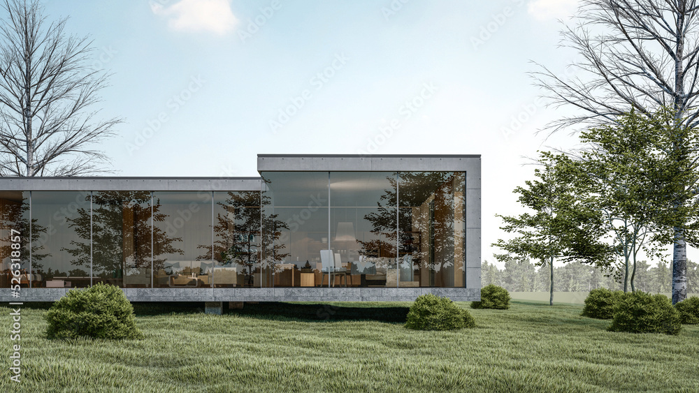 3d rendering illustration of modern minimal house design on slope terrain with natural view 