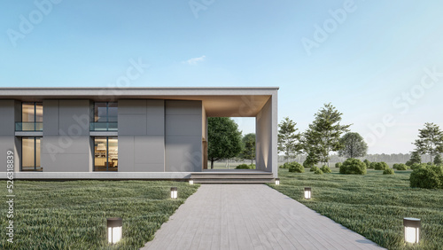 3d rendering illustration of modern minimal house with the garden and walkway