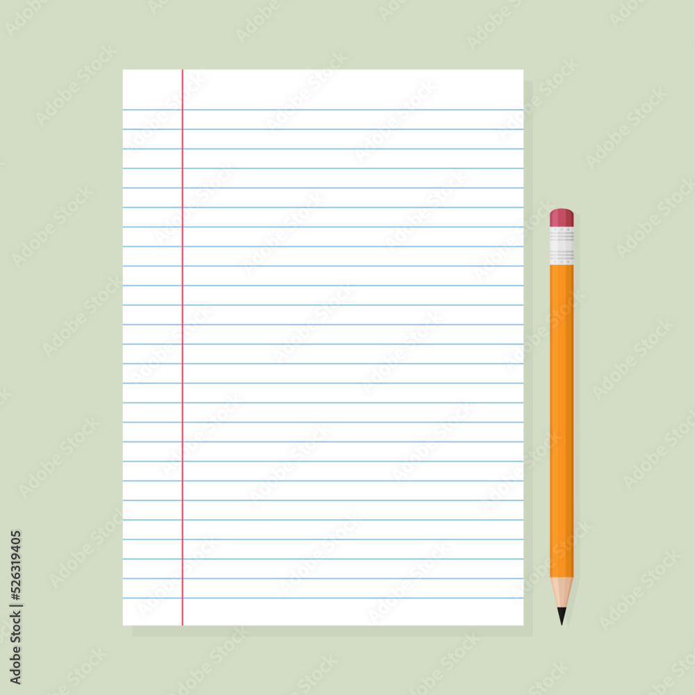 Paper sheet of notebook and pencil on green background Paper sheet of notebook and pencil on green background