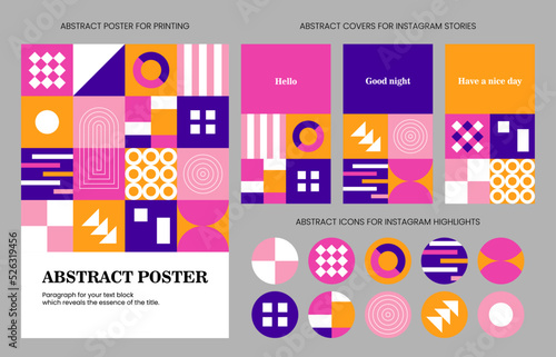 Vector set for web and print: poster, Instagram story covers and highlights icons in abstract style. Bright and dynamic banners with elements of geometric shapes for use in business, marketing, etc.