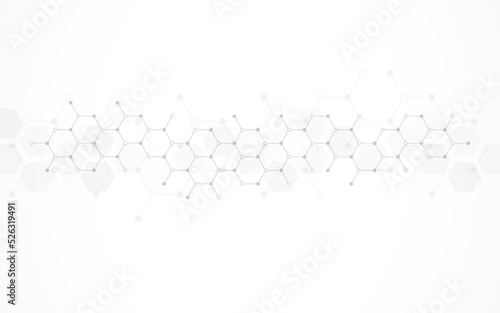 Hexagons pattern on gray background. Genetic research, molecular structure. Chemical engineering. Concept of innovation technology. Used for design healthcare, science and medicine background