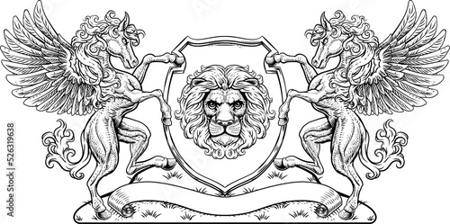 Crest Pegasus Horses Coat of Arms Lion Shield Seal photo